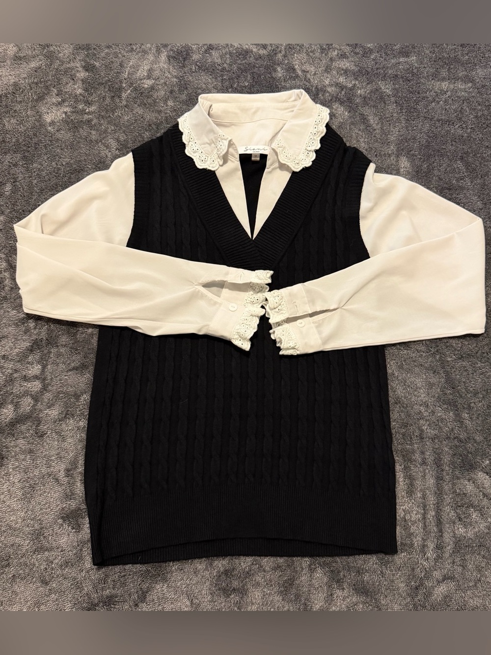 Sioni Black Cable-Knit V-Neck Sweater Vest with Cream Lace-Trim Blouse